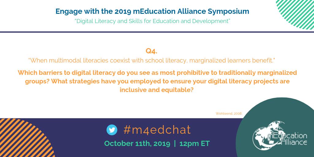 mEducation_A's tweet photo. Q4. Which barriers to digital literacy do you see as most prohibitive to traditionally marginalized groups? What strategies have you employed to ensure your digital literacy projects are inclusive and equitable? #m4edchat #joinin https://t.co/amEDoaog5I