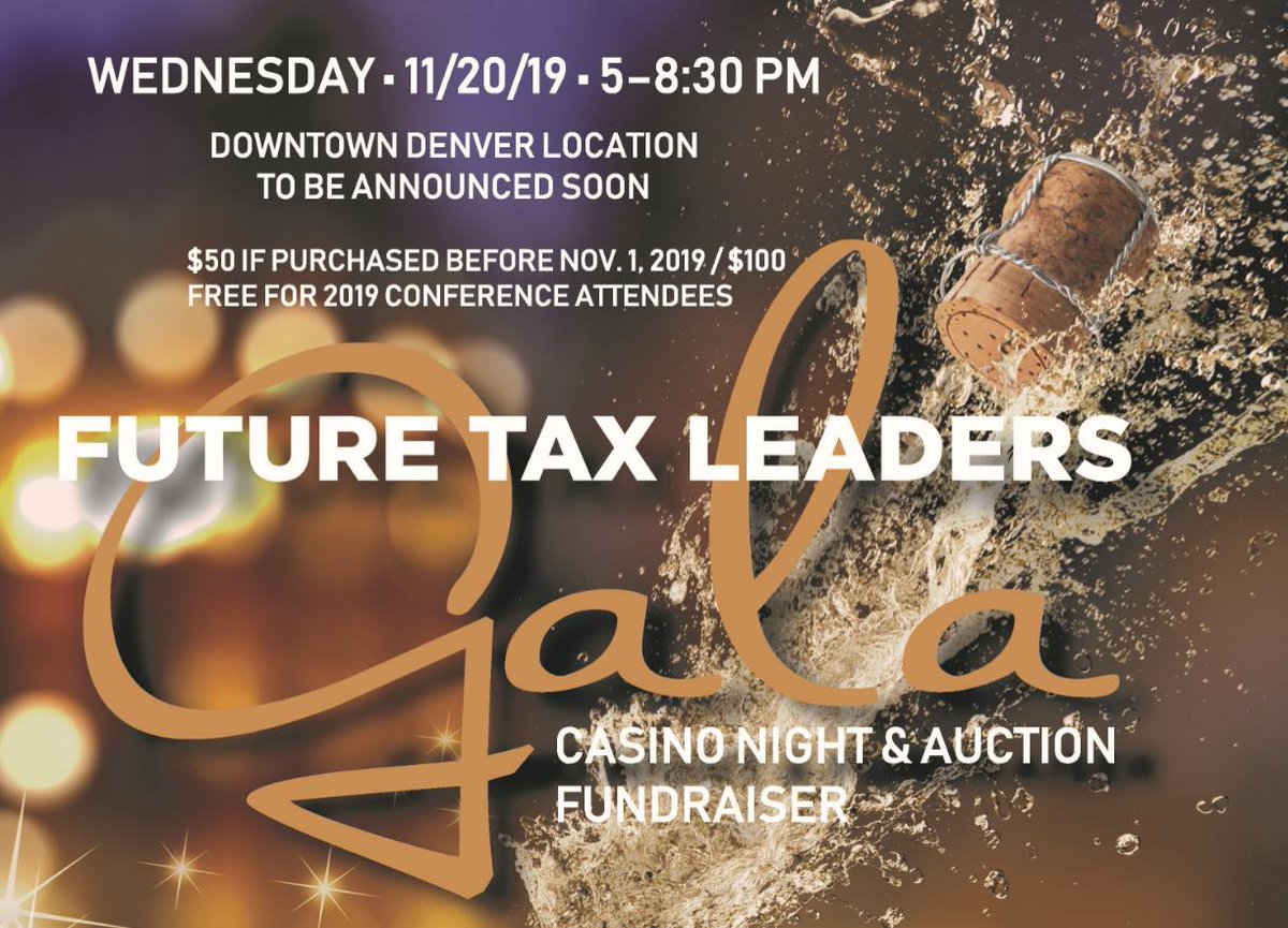 FutureTaxLeadrs's tweet photo. Have outrageous fun and early holiday shopping while earning up to 1.0 hour CPE at FTL's casino night+silent auction fundraiser. 11/20/19, 5-8:30 pm, downtown Denver, CO. https://t.co/CLasbGitGz https://t.co/n5AcrJQGxJ