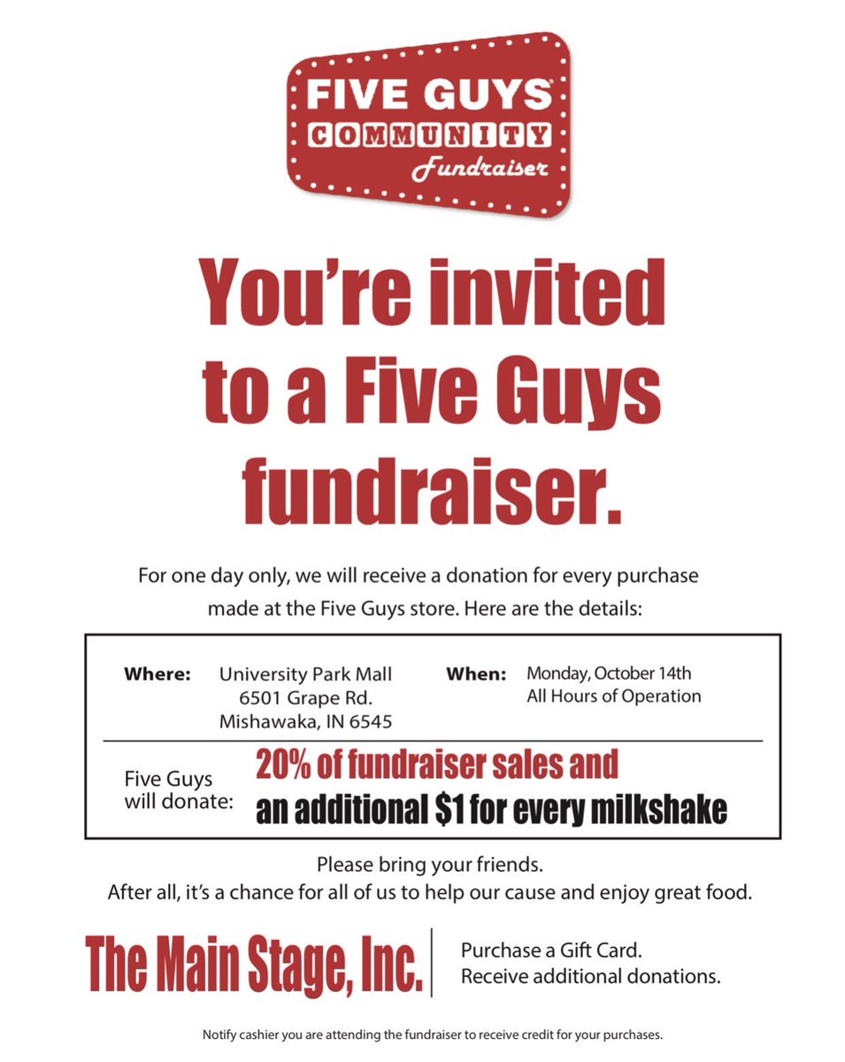 Join us at Five Guys for dinner on Oct 14th!