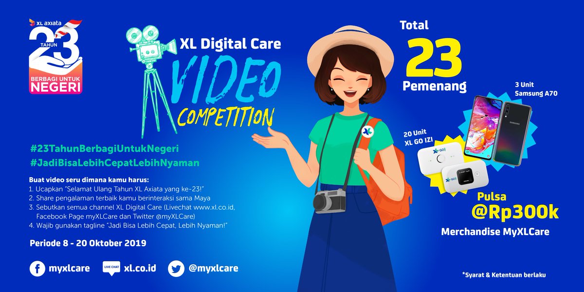 XLamat Ulang Tahun ke-23, XL Axiata!

Maya mau bagi-bagi hadiah di Twitter &amp; FB Page myXLCare dgn total 23 pemenang!

1. Follow Twitter myXLCare
2. Follow &amp; Like FB Page di: bit.ly/fb-mayaxl
3. RT &amp; Like tweet ini

#JadiBisaLebihCepatLebihNyaman
#23TahunBerbagiUntukNegeri