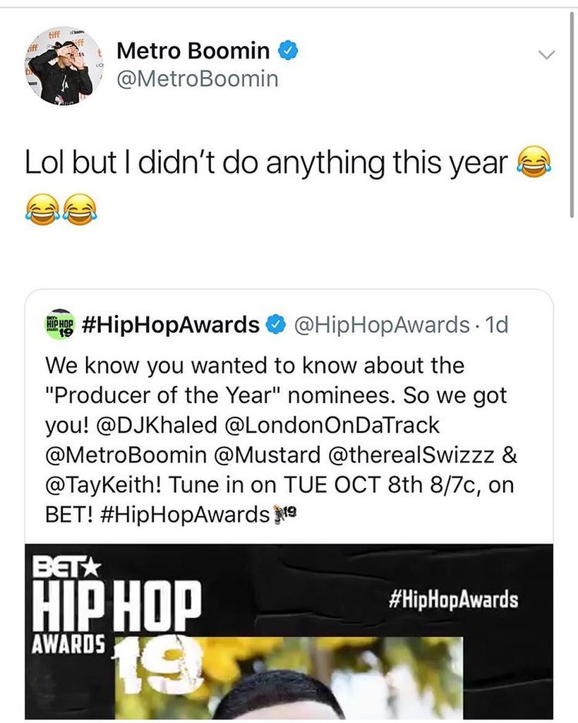 LUZID11's tweet photo. #metroboomin nominated for producer of the year although he didn’t drop anything all year. Tag a rapper that metro boomin should come out of retirement to collab with #acidrants •
#djmustard #taykeith #swizzbeatz #londononthetrack https://t.co/4ZSl24WCuo
