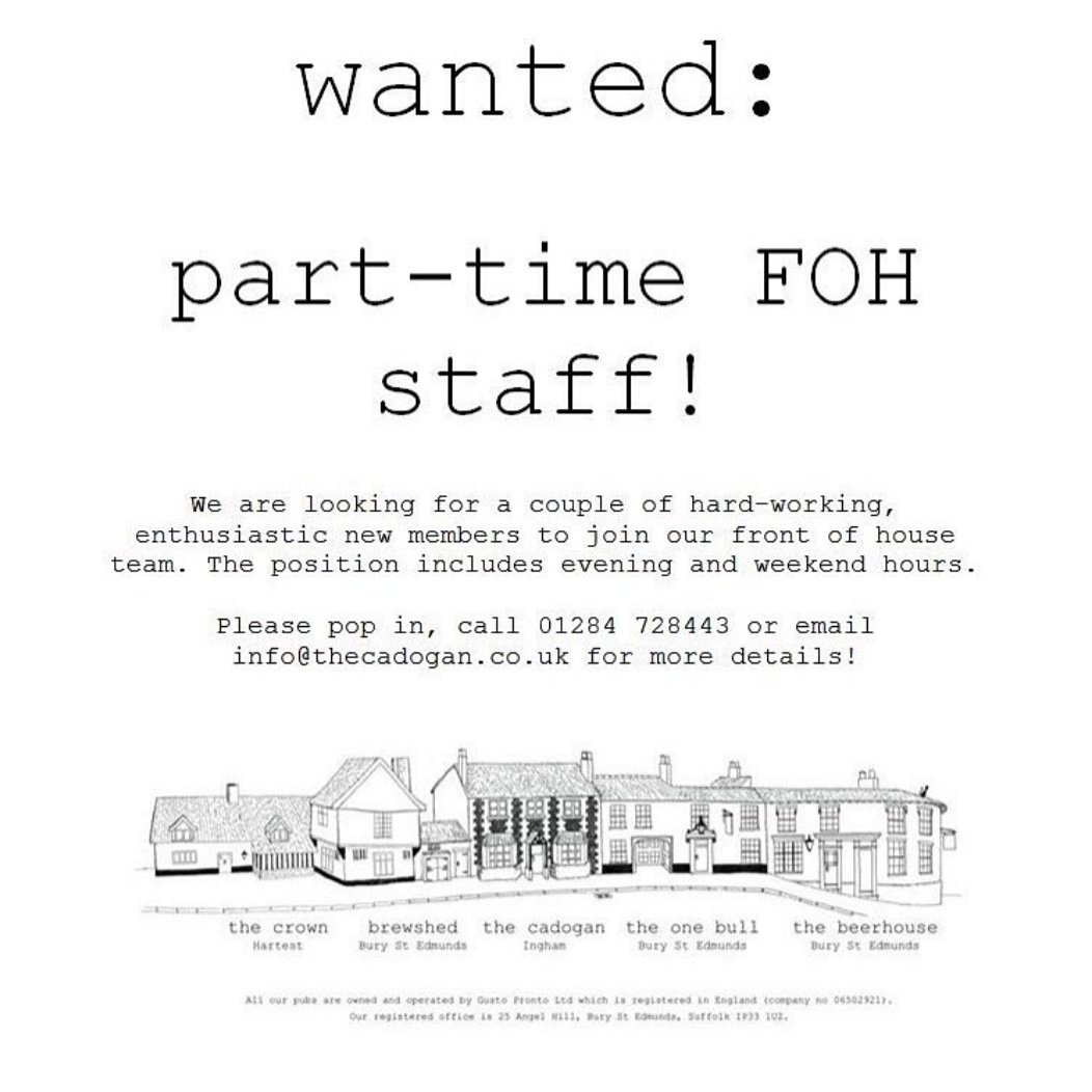 cadogan_ingham's tweet image. We are looking for part time front of house staff! Anyone interested pop in with your cv or email info@thecadogan.co.uk #newjob #joboppotunity #abitofeverything #burystedmunds #suffolk #norfolk