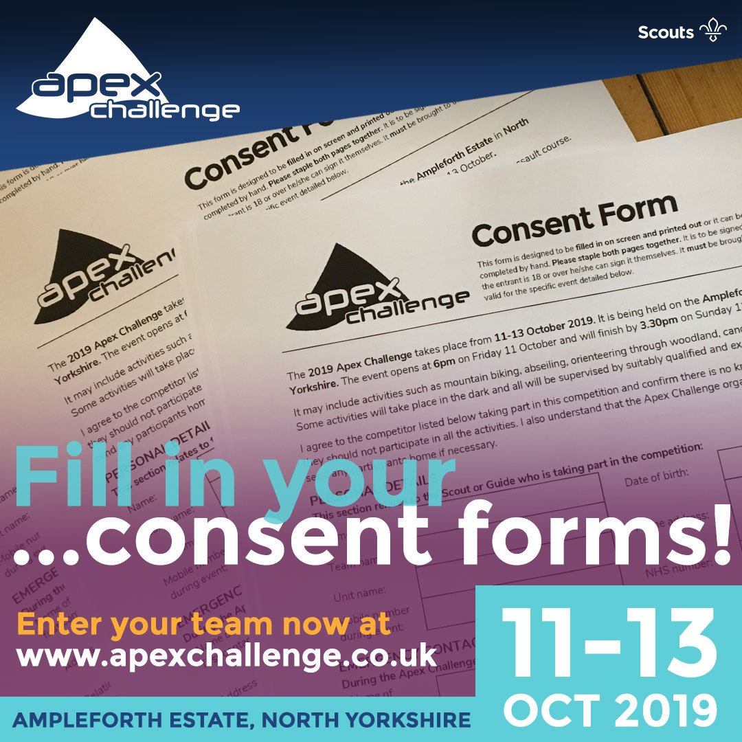 Every team member taking part in this weekend's Apex Challenge needs to bring a completed consent form. Download one now and make sure it's filled in and signed before you arrive. #ApexIsComing #iScout #ApexChallenge #Scouts apexchallenge.co.uk/nextevent/cons…