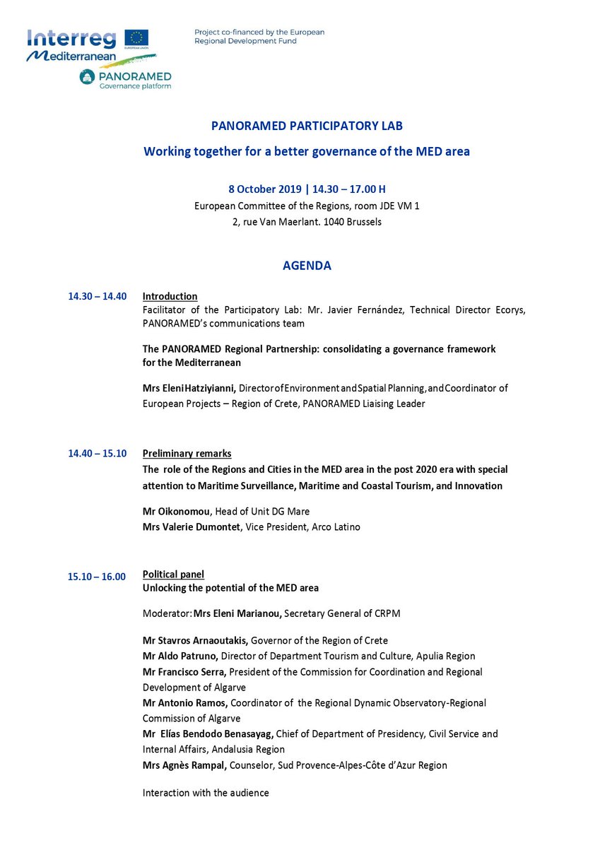 PanoraMed's tweet photo. The day has come! ⏰😀
Today at 14:30h we are starting our #PanoramedLab with very interesting panels on how we can work together for a better #governance in the #Mediterranean #region. Come to the @EU_CoR and join us! 🏛️🌊🇪🇺
#MedforYou #EURegionsWeek #EWRC2019 https://t.co/OK6mng8EZQ