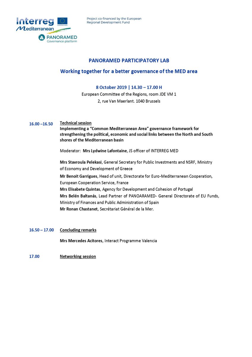 PanoraMed's tweet photo. The day has come! ⏰😀
Today at 14:30h we are starting our #PanoramedLab with very interesting panels on how we can work together for a better #governance in the #Mediterranean #region. Come to the @EU_CoR and join us! 🏛️🌊🇪🇺
#MedforYou #EURegionsWeek #EWRC2019 https://t.co/OK6mng8EZQ
