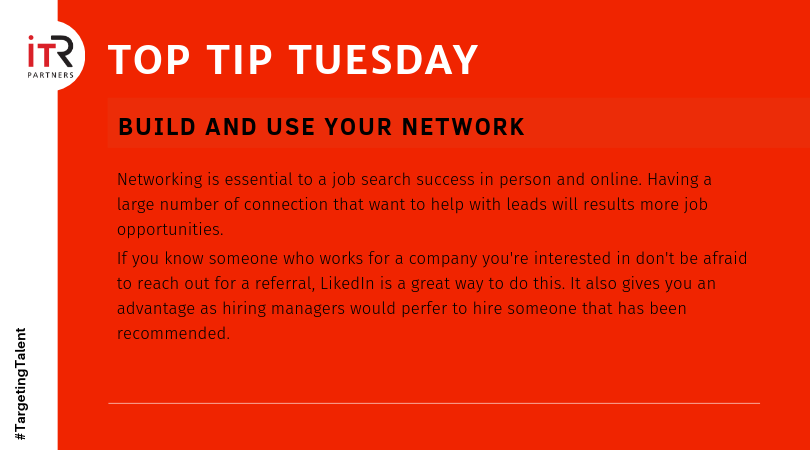 ITRPartners's tweet photo. Do you have a great network? If not it might be something you should work on 👨👩👦👦
#TopTipTuesday #TipTuesday #TargetingTalent #JobSearch
https://t.co/IDkSB0fYip https://t.co/xyewzr2k8A