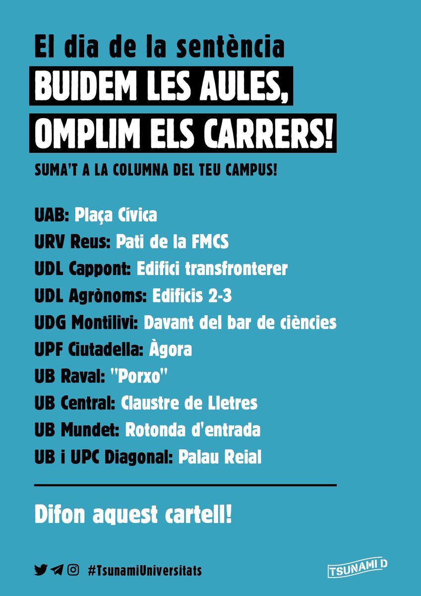 📣El #TsunamiUniversitats ja està en marxa! 🌊

➡ Envia el cartell al grup de la teva classe 📚 i fem que arribi la convocatòria a tots els campus!