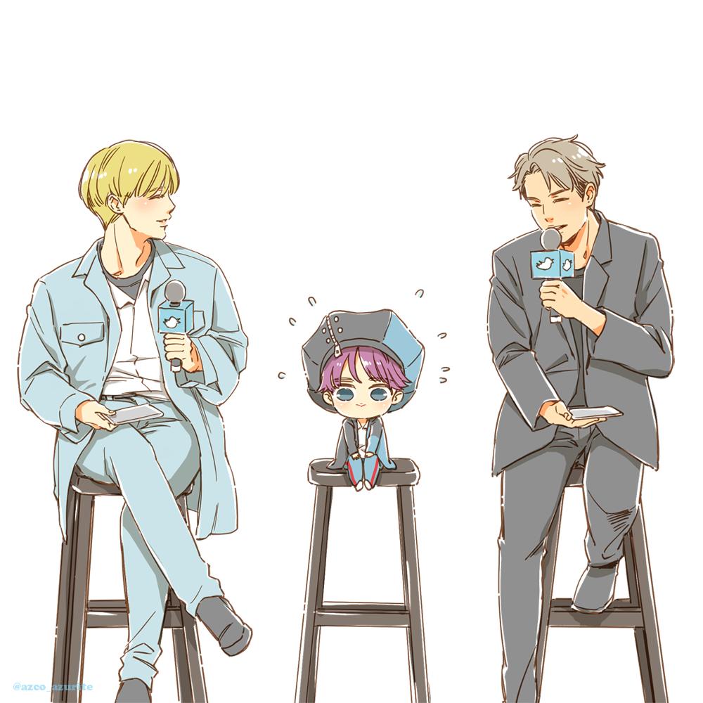 multiple boys stool sitting blonde hair purple hair closed eyes hat  illustration images