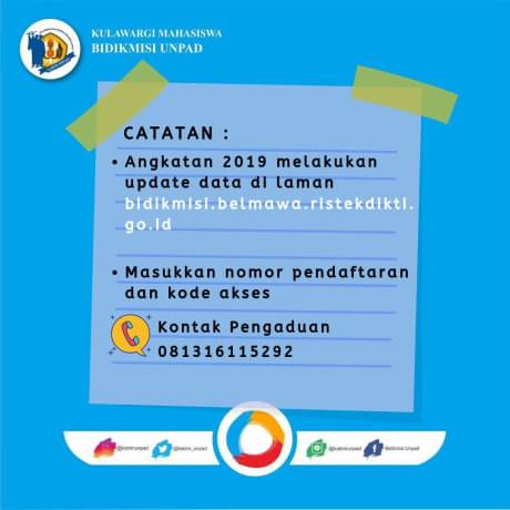 [UPDATE DATA BIDIKMISI]

Untuk kelancaran proses pengajuan Bidikmisi di semester selanjutnya diperlukan pendataan baru yang memuat data NIK orangtua/wali, dan no. KK induk.
Oleh karena itu silahkan mengisi G-form sesuai angkatannya.Jangka waktu pengisian sampai Minggu 20-10-2019
