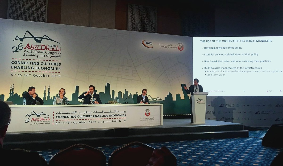 IDRRIM's tweet photo. #PIARCWRC2019 L'@IDRRIM présente l'#Observatoire national de la #Route #ONR_IDRRIM au Congrès mondial de la Route à Abu Dhabi lors de la session relative à la coopération entre autorités nationales et locales #EntretienRoutier #GestionPatrimoniale #CollTerr #IDRRIM https://t.co/26drEZ3OQa