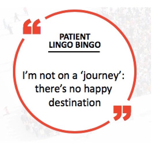 SuttyEmma's tweet photo. One week to #Efppatient and here’s Tuesday morning’s #patient #LingoBingo callout. As someone with fibromyalgia and anxiety disorder I shudder when ‘patient journey’ is used to describe my experience. Do you? https://t.co/dyp9L7VjQd