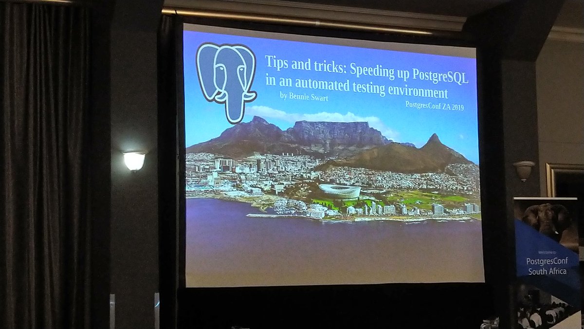 wdicks's tweet image. Next talk I'm attending at @PostgresConfZA is "Tips and tricks : Speeding up PostGreSql in an automated testing environment" by Bennie Swart. #postgresconfza