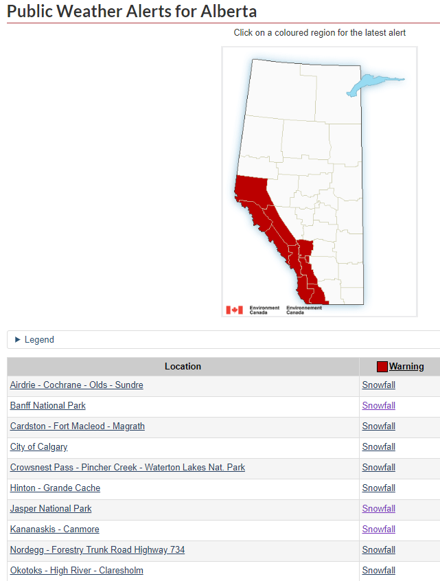 511Alberta's tweet photo. EC Snowfall warning in effect for forecast areas. For location details visit: https://t.co/V25Y6bxMfq (2:31am) #ABRoads #ABStorm https://t.co/HODwkHNq6W