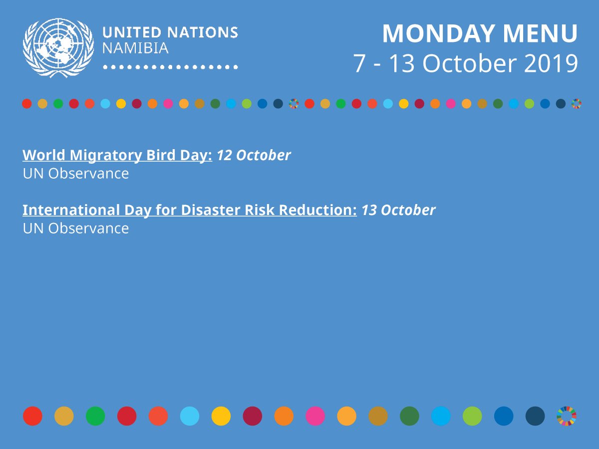UNNamibia's tweet photo. To find out more about the week ahead at the UN in #Namibia, check out the #MondayMenu for 7-13 October.
🤝Development Partners Forum
👉#UNPAF Joint Steering Committee
And @UN Observances #mentalhealth, #DayoftheGirl, and #disasterriskreduction and more. https://t.co/BDl8GtTF9J