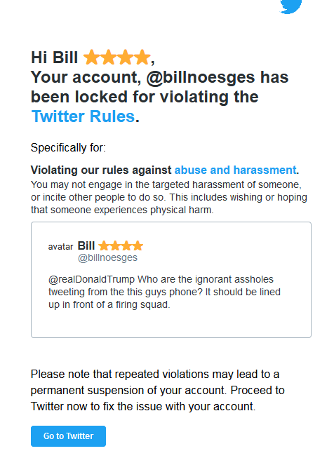 billnoesges's tweet photo. So, this cocksucker can post something affecting the future of the nation, but I post this and I am placed in #TwittmoBay for 7 days. Then today, I get this.
Blow me twitter. I hope you get banned worldwide.
Oh...I'm so sorry. It's President Cocksucker.
My apologies friends. https://t.co/o6Y37fVY8E