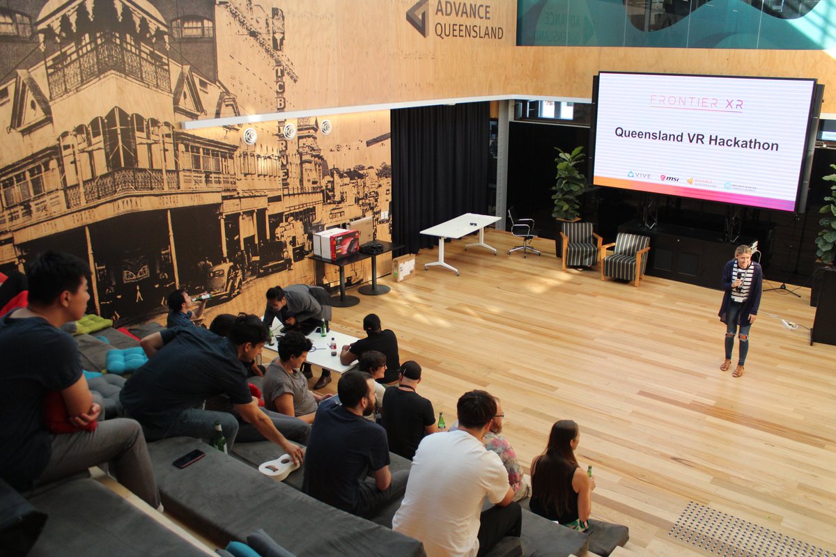 FrontierXr's tweet photo. Congrats to the 2019 #QLD #VRHackathon winning team "Tossing For Change"! And thank you sponsors @htcvive @msiaus #FreeSpaceVR @AdvanceQld @toastvr, mentors @DaseinScience @Gnolleys @virtualmrdale, and judges @Michelle2Minhye @real_rahjur @RSGkaren @TimboMolony 🤩🥳 https://t.co/s8Gg5aCG8G