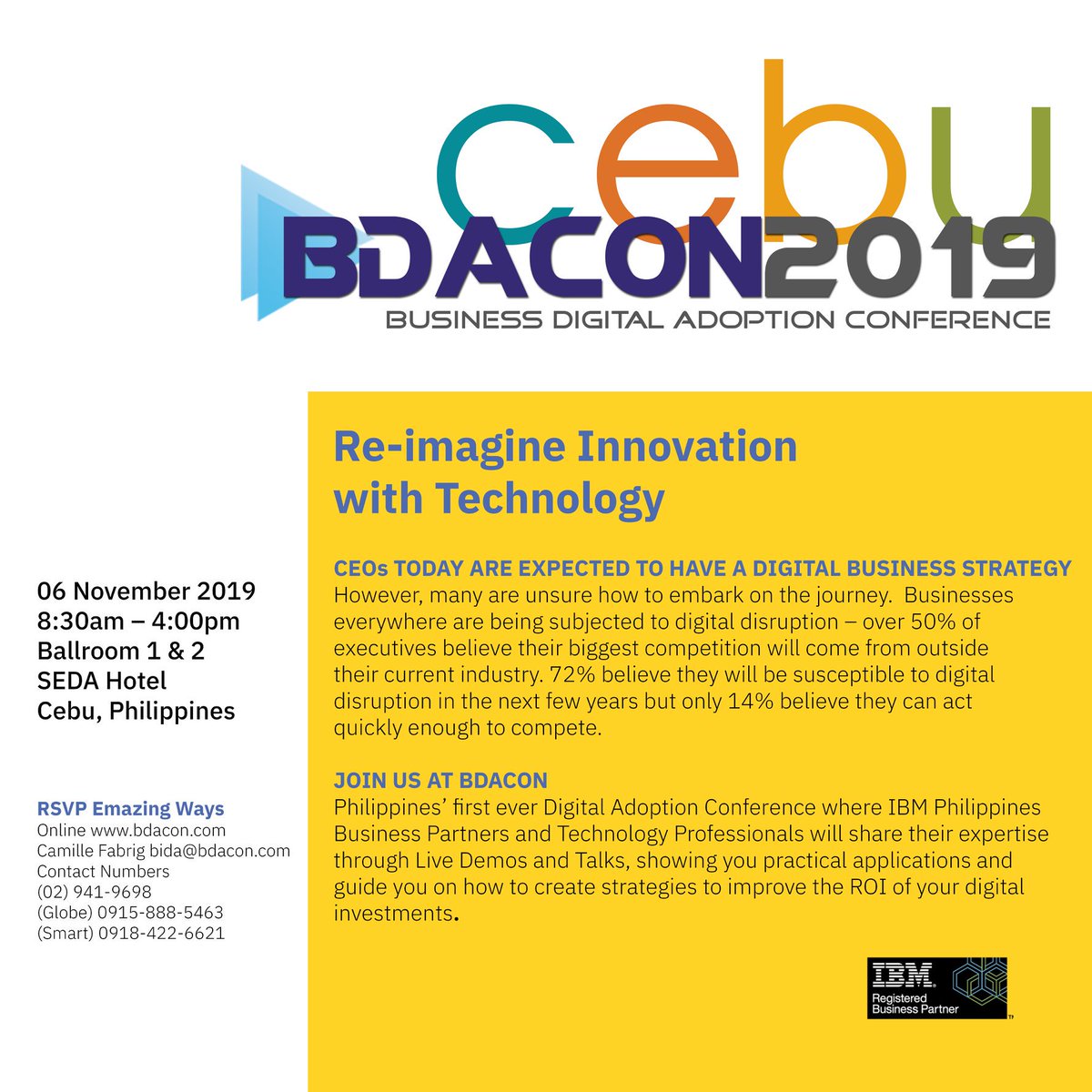 gg_at_work's tweet photo. #Cebu City, we heard you! Finally, #IBM Business Partners are bringing BDACON down South! Let's Re-imagine Innovation with Technology on November 6, 2019, Seda Hotel. Register for FREE: https://t.co/mjIj97M9q2 https://t.co/63nkuWFTa7