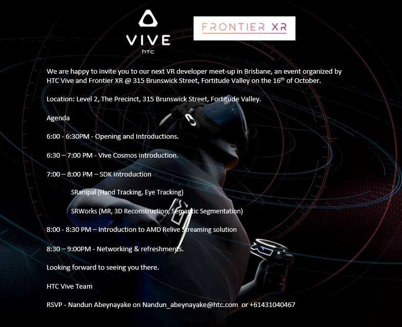 FrontierXr's tweet photo. On October 16th, @htcvive will be in Brisbane showing their new VR headset #Cosmos and talking about some really cool things. It's free to join! Don't miss out. https://t.co/HozNewwxeZ