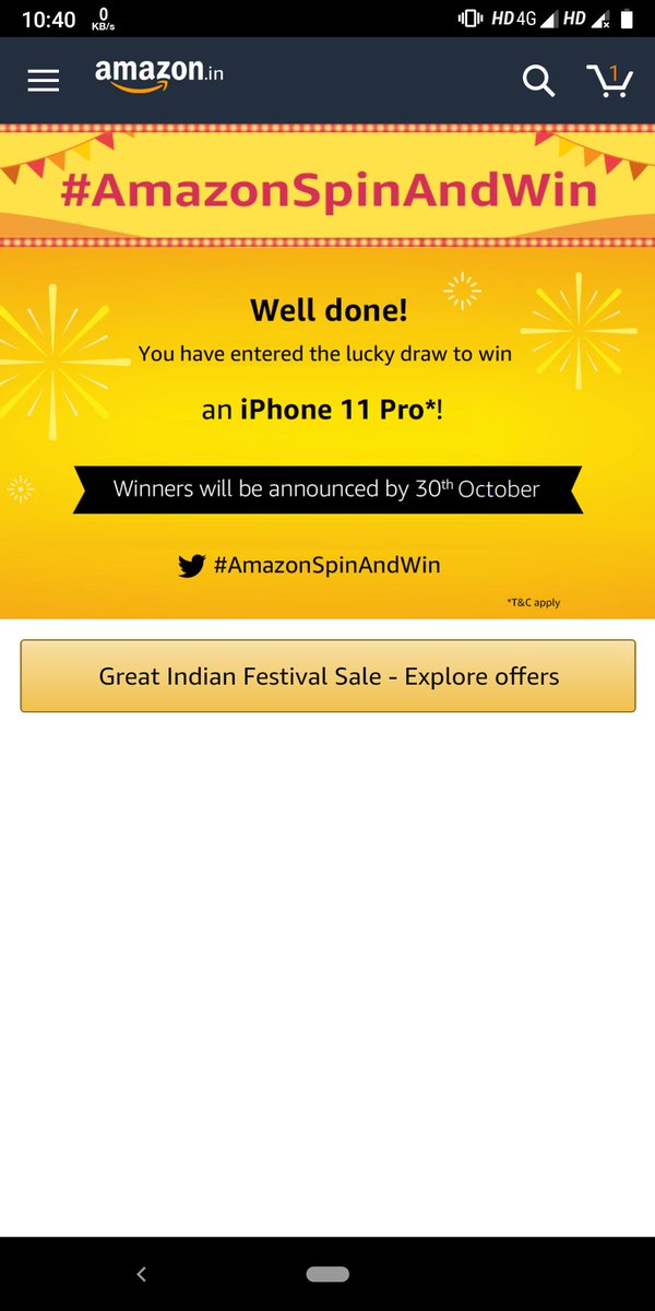 RajaGg45's tweet photo. #AmazonTapandWin
Yeh! I win iphone 11 pro😍😍 https://t.co/2ObPUUSeXv