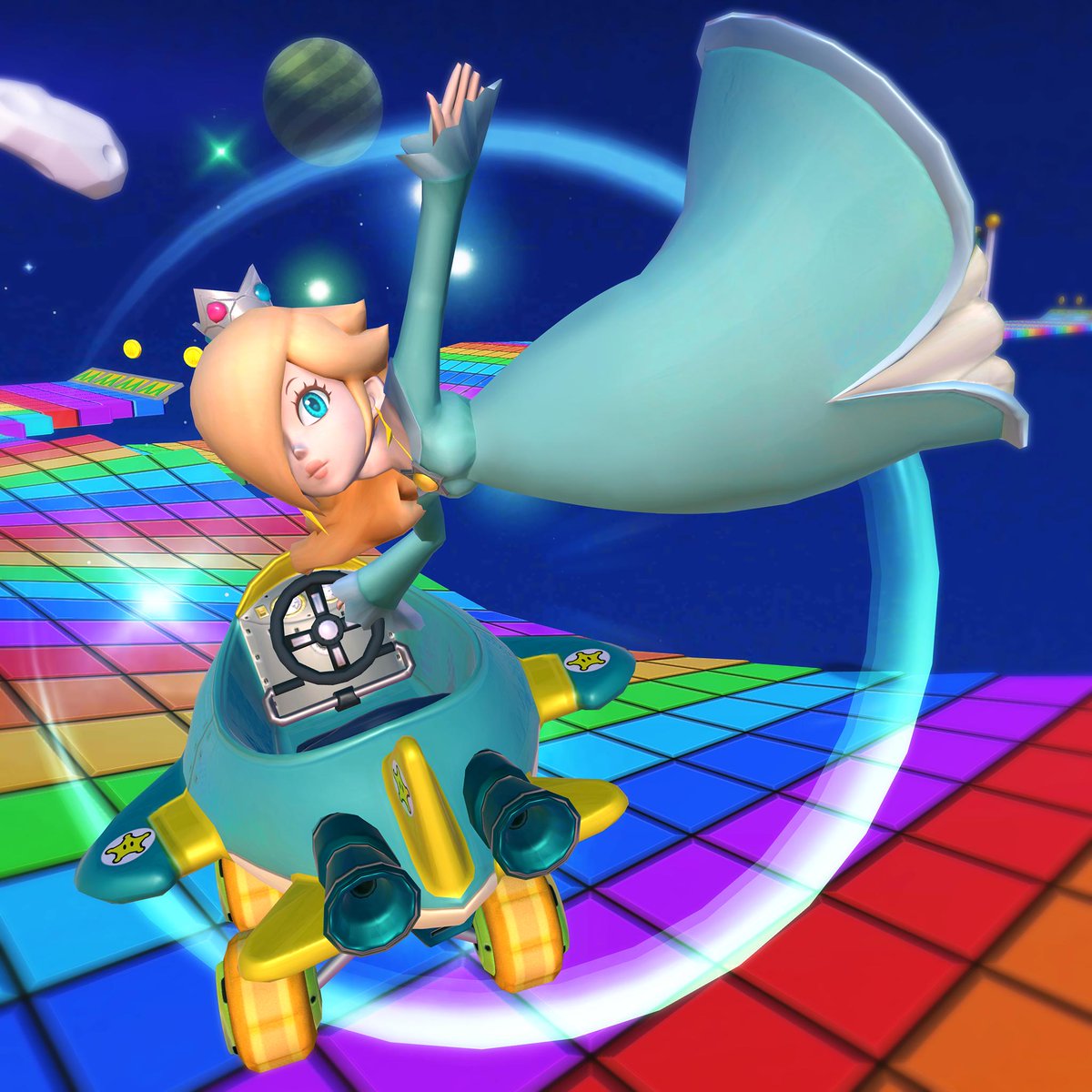 Rosalina plans on making her grand entrance and showing off her own Special Skill in the next tour! But what's that course in the background? It looks like a winding road made of colorful tiles…almost like a rainbow! #MarioKartTour
