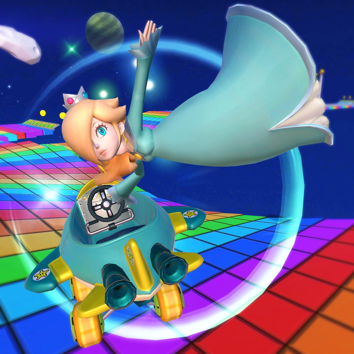 mariokarttourEN's tweet photo. Rosalina plans on making her grand entrance and showing off her own Special Skill in the next tour! But what's that course in the background? It looks like a winding road made of colorful tiles…almost like a rainbow! #MarioKartTour https://t.co/gCFhjrXrCr