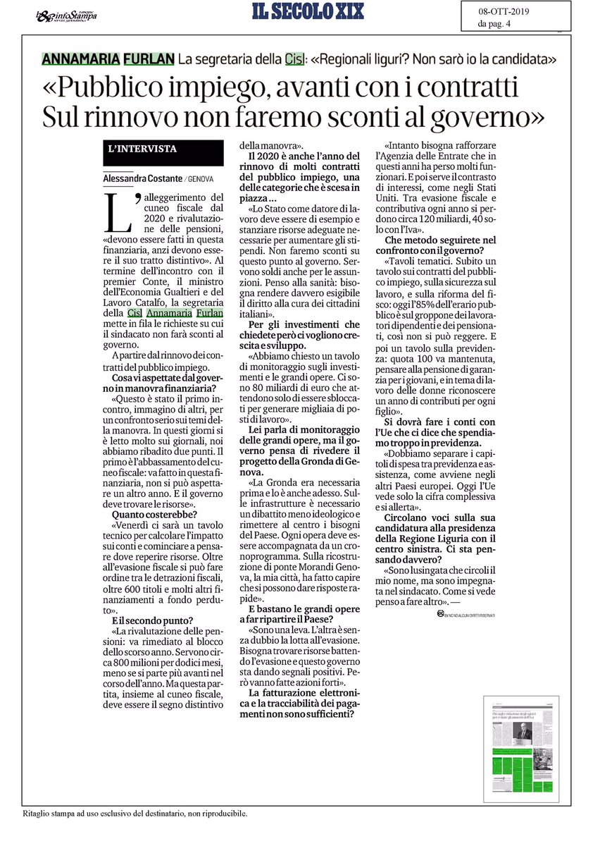CislNazionale's tweet photo. 🗞 @FurlanAnnamaria su @ilsecoloxix: ecco cosa ci aspettiamo dal Governo in #manovra finanziaria

1️⃣ taglio del cuneo fiscale
2️⃣ rivalutazione delle pensioni
3️⃣ rinnovo dei contratti del P.I.ed assunzioni 
4️⃣ più investimenti e sblocco delle grandi opere
5️⃣ lotta all’evasione https://t.co/5y5QIPzXvv