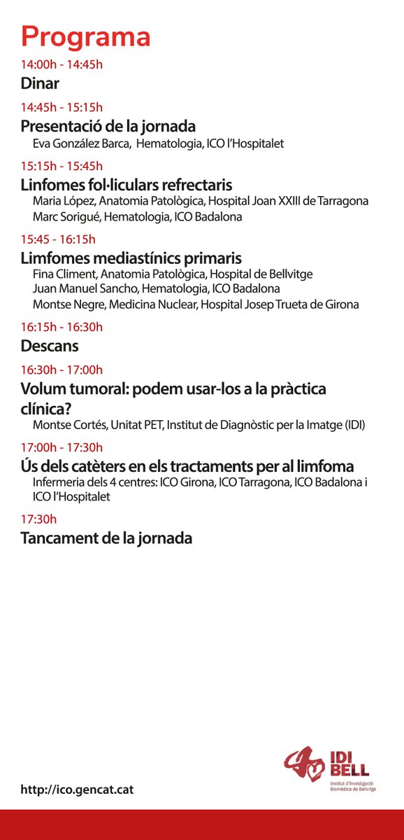 ICO_oncologia's tweet photo. #ICOagenda Demà dimecres l'#ICO organitza la 2a Jornada interdisciplinar de #limfomes a la Sala d'Actes de @hgermanstrias Una jornada amb la participació de professionals dels diferents centres ICO https://t.co/D908HAY3Ac