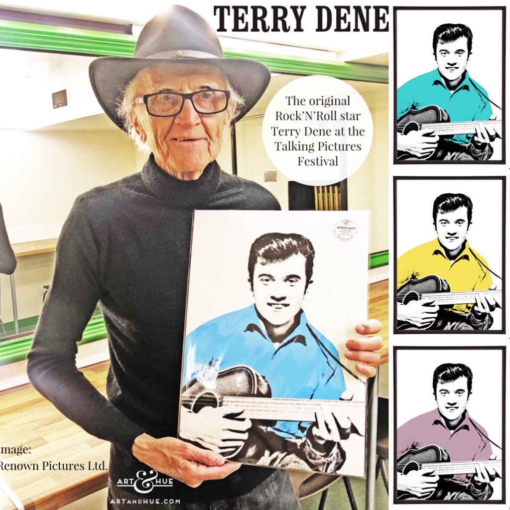 How great is this picture! The legendary British rock'n'roll star of "The Golden Disc" Terry Dene with the Art &amp; Hue pop art print of himself at the <a href="/TalkingPicsTV/">Talking Pictures TV</a> &amp; <a href="/Renown_Pictures/">Renown Pictures</a> Film Festival on Sunday!  

artandhue.com/guitars 

#TerryDene #TheGoldenDisc #RockAndRoll