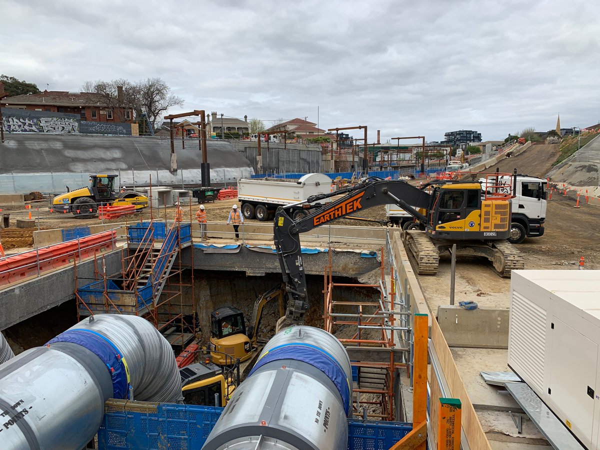 metrotunnelvic's tweet photo. We’ve started digging the eastern tunnel entrance at South Yarra. With the foundations and roof of the tunnel now in place, excavation is in full swing. Concrete will be sprayed onto the walls for structural support as we dig another two metres to the final excavation level. https://t.co/28eegHpJE9