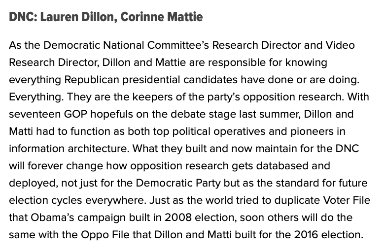 F) Finally, in email Chalupa discusses a plan to meet "offline" (in person) with Miranda and "Lauren."This is Lauren Dillon, then Director of Reasearch got the  @DNC. Ponder that.