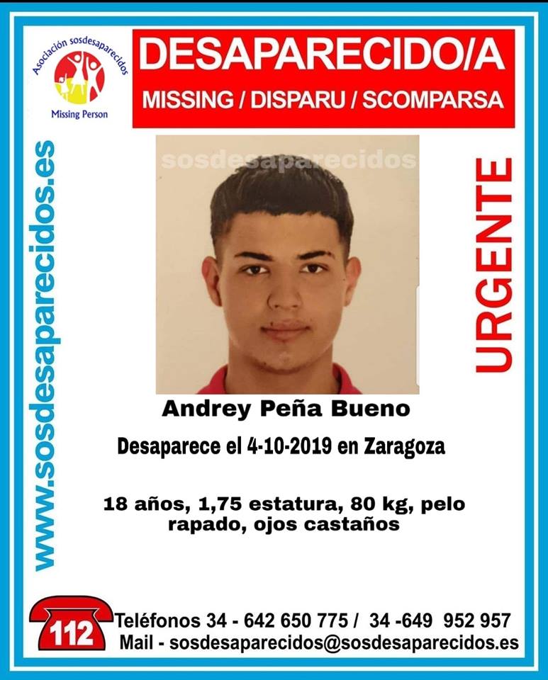 guardiacivil's tweet photo. 🔴 #URGENTE 🆘

Buscamos a Andrey, que ha #desaparecido en #Zaragoza 

Si lo ves llama:
📞 #062
📞 091
📞 112

Haz RT, no cuesta nada y puede ayudar mucho. https://t.co/wym6pEw1X5