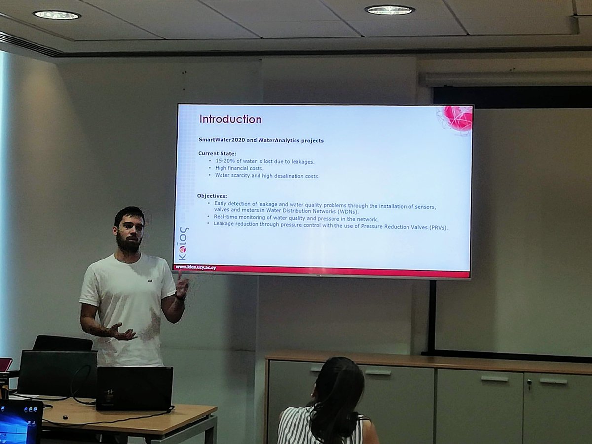 SWater2020's tweet photo. Presentation @KIOSCoE  from our colleague Pavlos Pavlou  on our software modules for water network model reduction, and online valve control for reducing background leakages. This is part of the #SmartWater2020 project. https://t.co/xC5MSLPe53