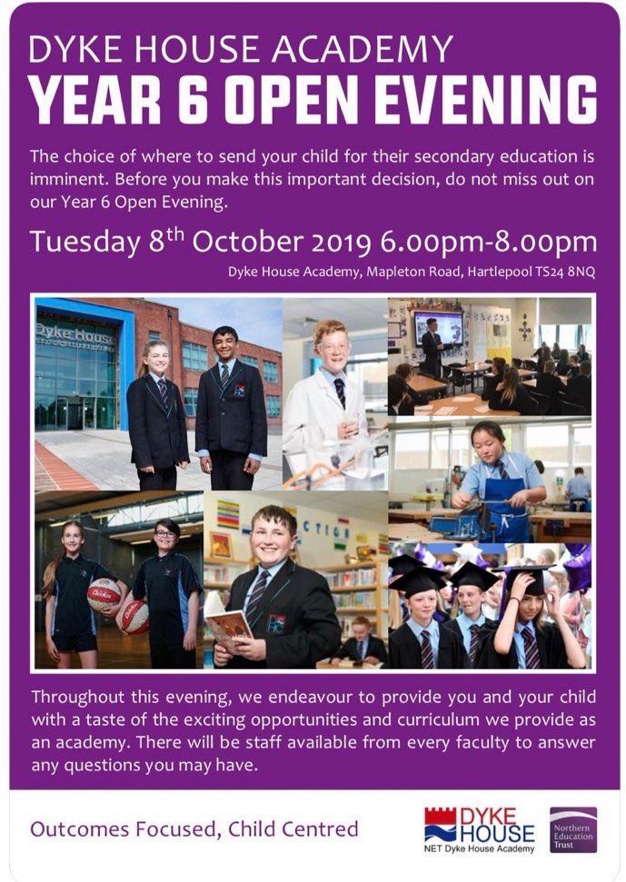 It’s our Year 6 open evening tonight, come and join us <a href="/DykeHouse/">🌈NET Dyke House Academy</a>.