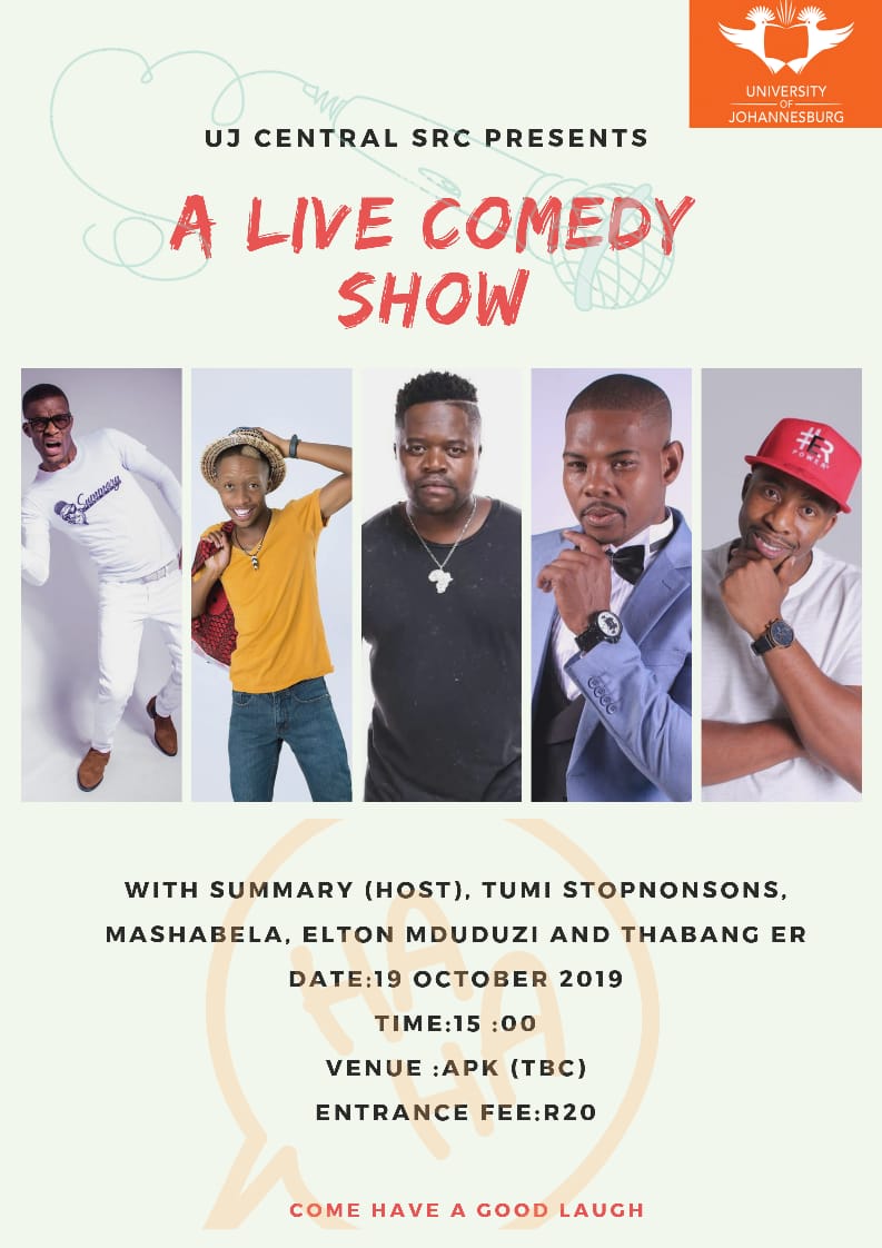 UJSRC2019's tweet photo. Road to UJ Spring Fest 

Saturday Night Comedy Show

#UJComedyNight #UJSpringFest #StudentsFirst https://t.co/HkK4NTeu4X