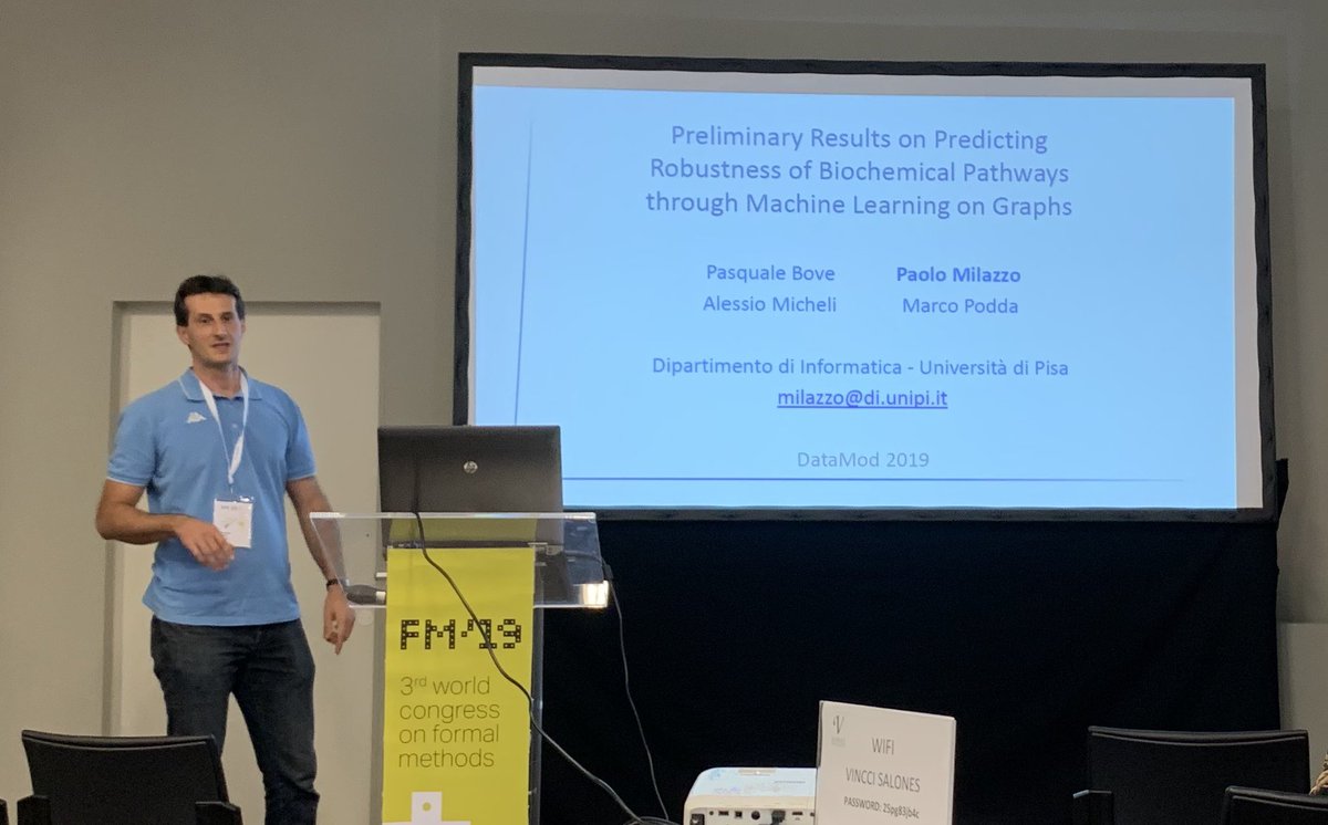 Data2ModelsBack's tweet image. Paolo Milazzo presenting his work on
“Predicting #Robustness of #BiochemicalPathways through #MachineLearning on Graphs” joint with Pasquale Bove, Alessio Micheli, and Marco Podda @formalmethods19 @DI_Unipisa