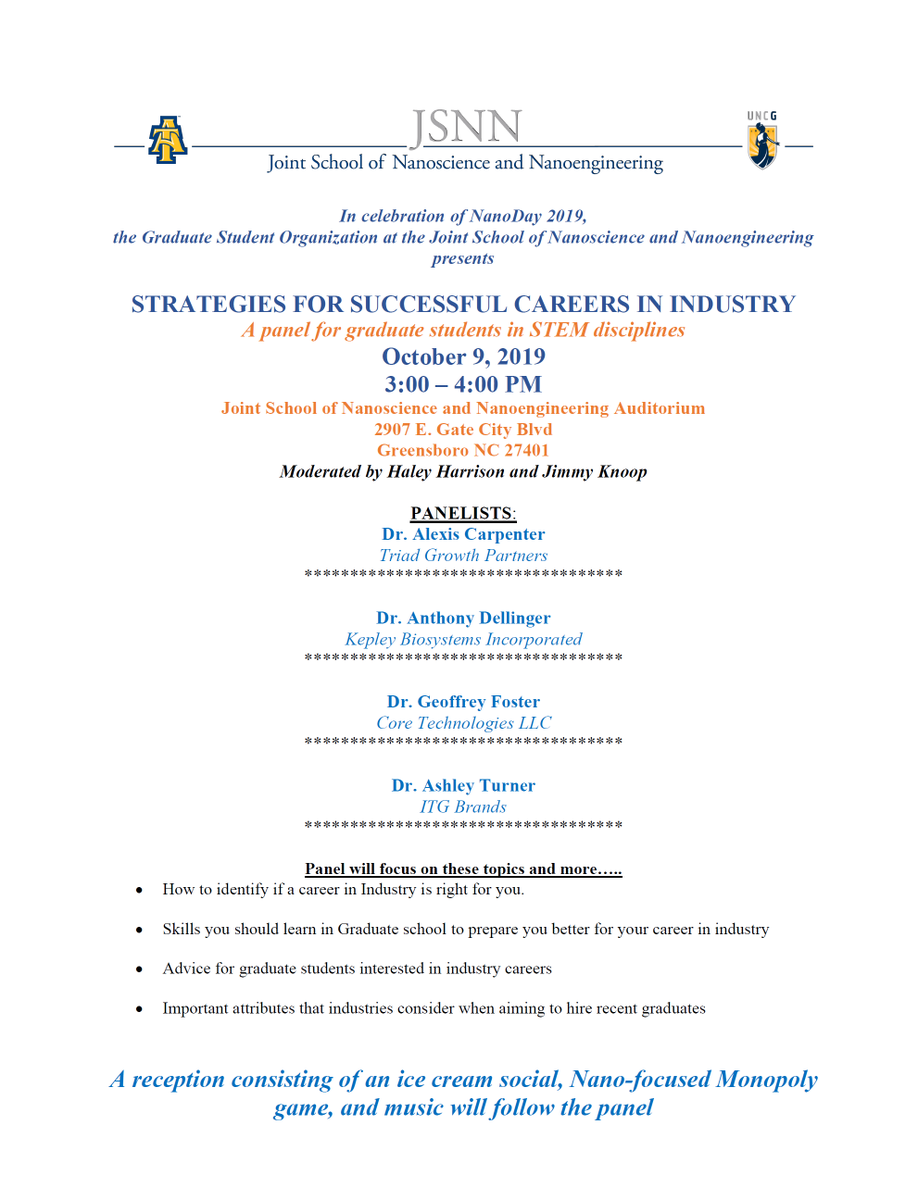 senicnanotech's tweet photo. In celebration of NanoDay 2019, Graduate Student Organization @JSNN2907 presents - STRATEGIES FOR SUCCESSFUL CAREERS IN INDUSTRY https://t.co/xLs67aYu8e