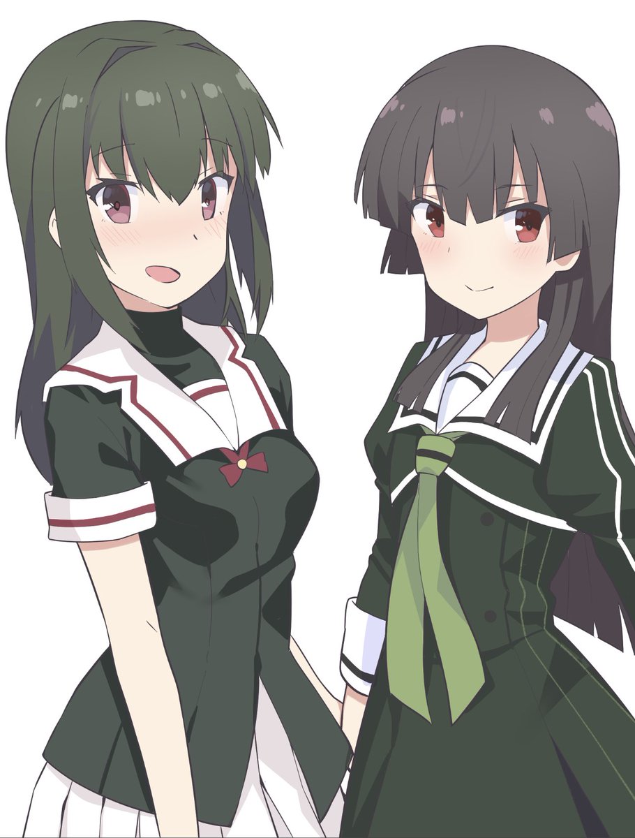 2girls multiple girls long hair school uniform black hair smile white background  illustration images