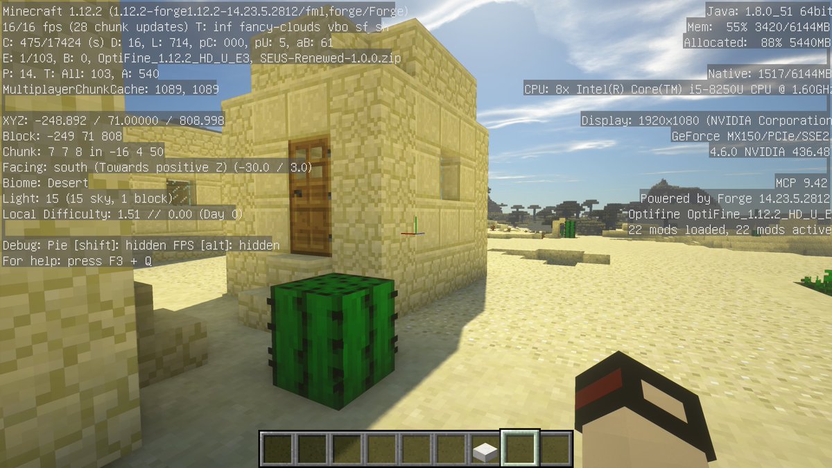 fukazume_chan_'s tweet photo. 家のマインクラフトに、激重のSEUSを入れてみた。10~20fpsで動いてしまった(描画優先、16チャンク、fps最適化ON)。MX150のおもいがけない性能にただただ感動するのでした。
#SEUS #MX150 #Zenbook #Minecraft https://t.co/DNaw231mpS