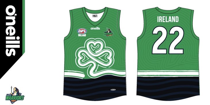 The Irish Warriors are on their way to London &amp; we are very excited to present their 2019 @AFL_Europe EC Jersey. Huge thanks to our long standing on-field/off-field team wear partner <a href="/ONeills1918/">O'Neills</a> for another absolute cracker! (Designer: David Lally)