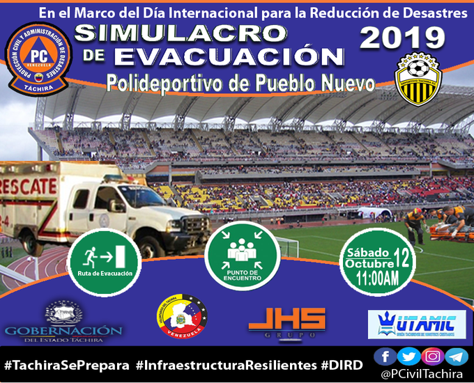 #TachiraSePrepara #12Oct Simulacro de Evacuación Polideportivo de Pueblo Nuevo, en el marco del Día Internacional para la Reducción de los Desastres. <a href="/JaiberthZ/">Jaiberth  Z</a> <a href="/Tachiranorte/">TáchiraNorte</a> <a href="/YvkeTachira/">Yvke Tachira</a> <a href="/ECOSDELTORBES/">流川</a> <a href="/mundial860am/">Radio Mundial 860 AM</a> <a href="/Conejorodriguez/">Conejo Rodriguez</a> <a href="/vivalamananatrt/">Viva la Mañana</a> <a href="/canal21_TV/">canal21</a>