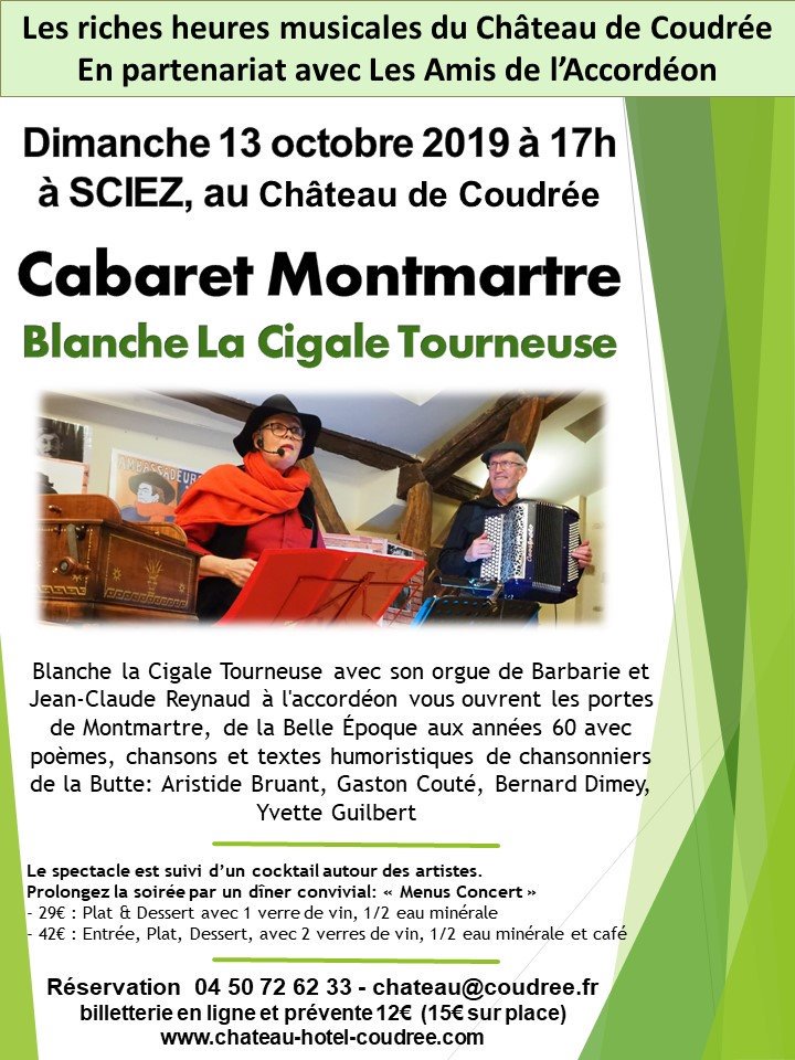 ChateauCoudree's tweet photo. Ce dimanche 13 octobre à 17h à Sciez: poèmes et chansons sur fond d'orgue de barbarie et accordéon #Cabaret #Montmartre #BelleEpoque #sixties #orguedebarbarie #accordeon #destinationleman #Evian #thonon #sciez #concert https://t.co/P9BuwRI780