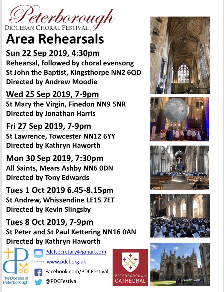 PDCFestival's tweet photo. Final #PDCF2019 Area Rehearsal is tonight Tues 8 Oct 19, 7pm at St Peter and St Paul, Kettering NN16 0AN directed by Kathryn Haworth.
@Peterborodio Choral Festival Sat 19 Oct 19, 5:30pm (reh 2:30pm) @pborocathedral
https://t.co/v1tEEhPQtA https://t.co/grBJ0YAVQB
