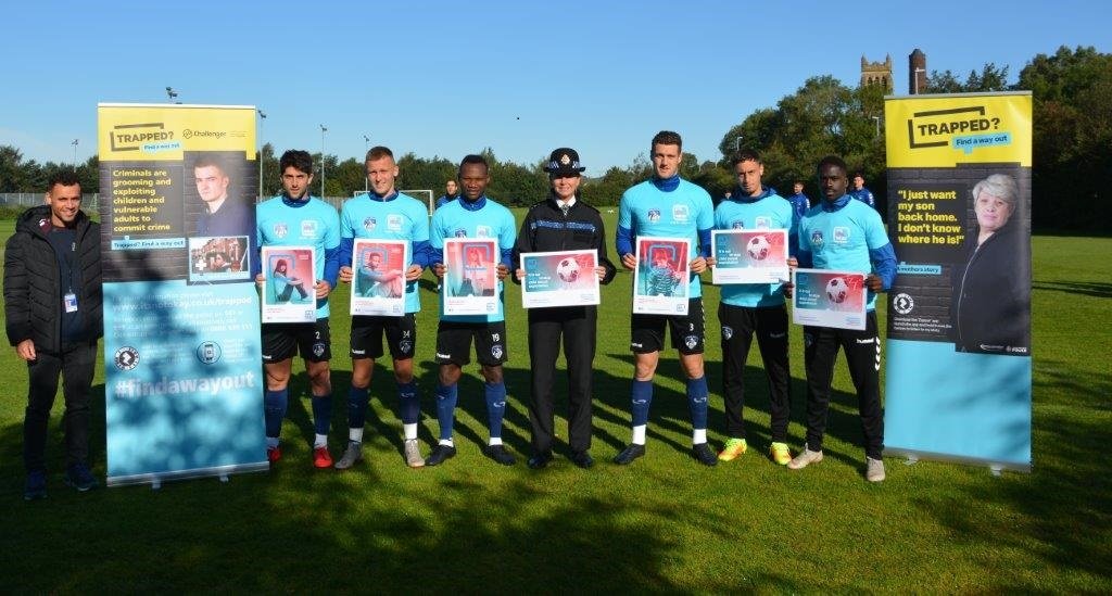 NotOkayOldham's tweet photo. Phoenix Oldham are proud to be so well supported from @OfficialOAFC when it comes to raising awareness of the exploitation of children. Trapped – Campaign against the criminal exploitation of children &amp; vulnerable adults #CCE #CSE #ItsNotOkay #WeekofAction #StillAChild https://t.co/gYYXHLGDGP