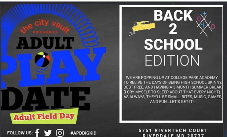 Join us for the Back 2 School Edition of Adult Play Date on 11.23.19! Snacks, games, and music... Tell a friend or two!
-
Discount tix for a limited time w/ discount code APDluv19 

Visit AdultPlayDateDc.com to get  your tickets and more details.
-
#apdbigkid #mdevents #fun