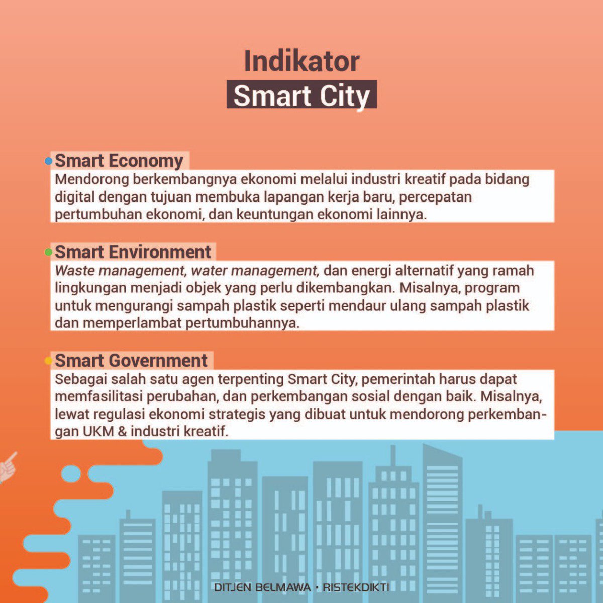 Kemdiktisaintek's tweet image. Halo #SobatBelmawa!

Perkembangan teknologi industri era 4.0 di berbagai aspek, menjadi salah satu solusi untuk menyelesaikan masalah tersebut. Orang biasa menyebutnya dengan Smart City.

Yuk sobat mengenal lebih dekat dengan Smart City!

#Belmawa #Ristekdikti #SmartCity