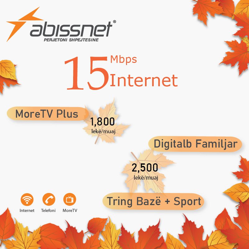 alAbissnet's tweet photo. Me ardhjen e vjeshtës nuk bien vetëm gjethet por edhe çmimet.
🚀More Speed 15 MB + MORETV Plus - 1800 lekë/muaj
🚀More Speed 15 MB + Paketa DGA Familjare + DVBT2 - 2500 lekë/muaj
🚀More Speed 15 MB + Paketa Tring Baze+ Sporte+ DVBT2 - 2500 lekë/muaj

☎+35544300123 https://t.co/DJ5SRJl1rw