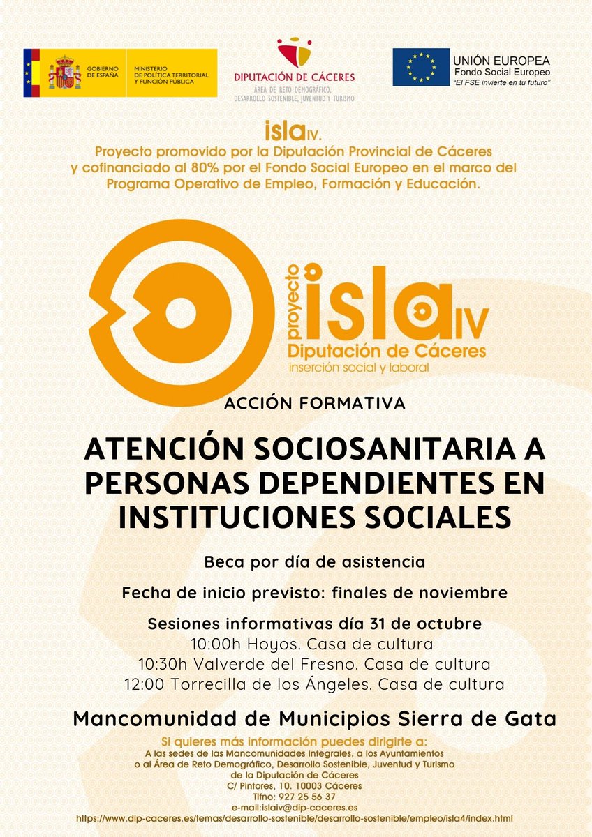 isla_iv's tweet photo. El #ProyectoIslaIV va a poner en marcha el curso ATENCIÓN SOCIOSANITARIA A PERSONAS DEPENDIENTES EN INSTITUCIONES SOCIALES en #MISierradeGata🥼🌡️
Próximamente celebraremos sesiones informativas en #Hoyos, #ValverdeDelFresno y #TorrecillaDeLosÁngeles.
¡Acércate a inscribirte!📝 https://t.co/NZiWgmrfov