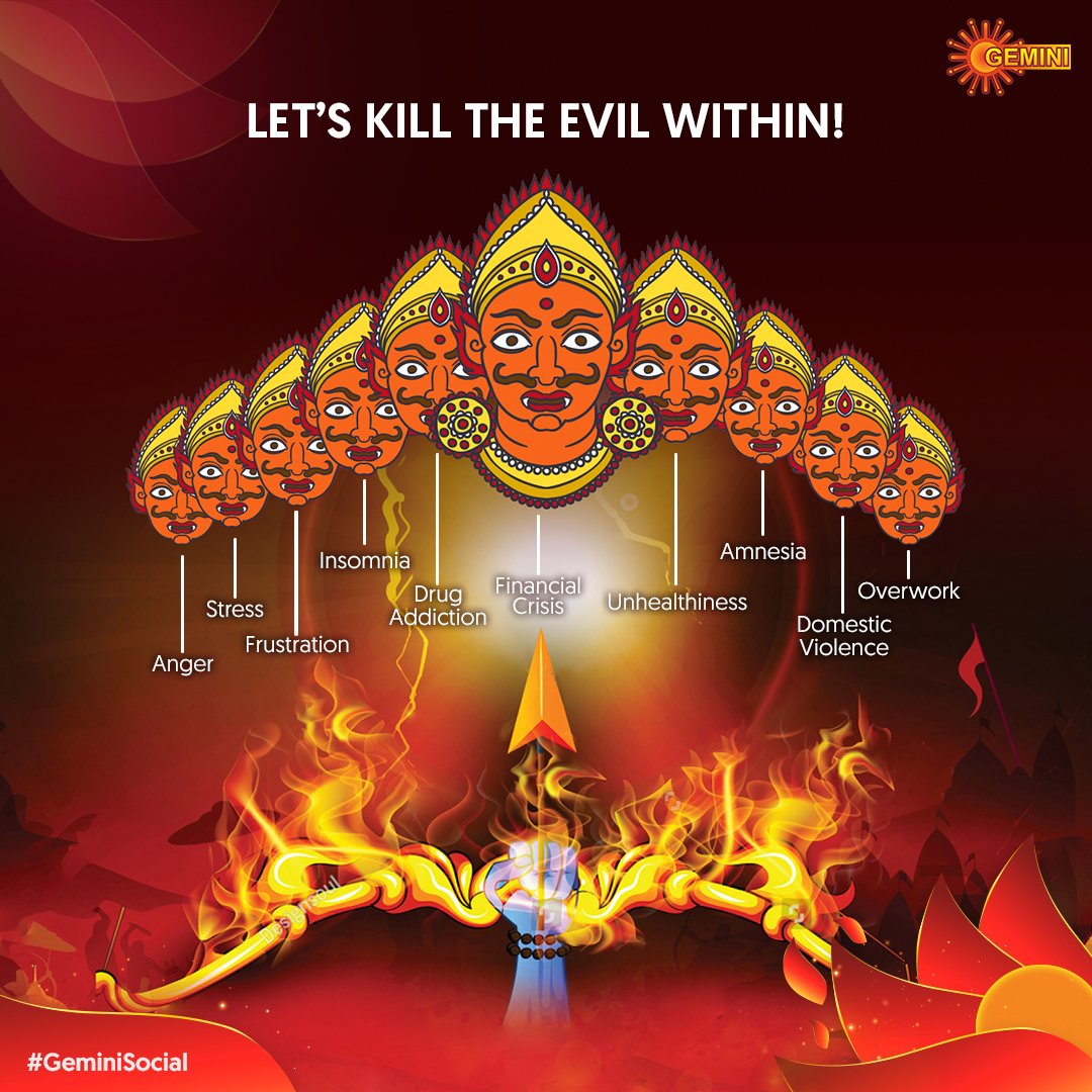 GeminiTV's tweet photo. This #Dussehra, Let's all fight together to kill the evil and rise triumphant. Comment your opinions below on how to prevent the evil spirits within ourselves. Don't forget to add #KillTheEvilWithin. Let's Fight Together, Let's Rise Together.
#GeminiTV #VijayaDashami https://t.co/qhXewgO1ly