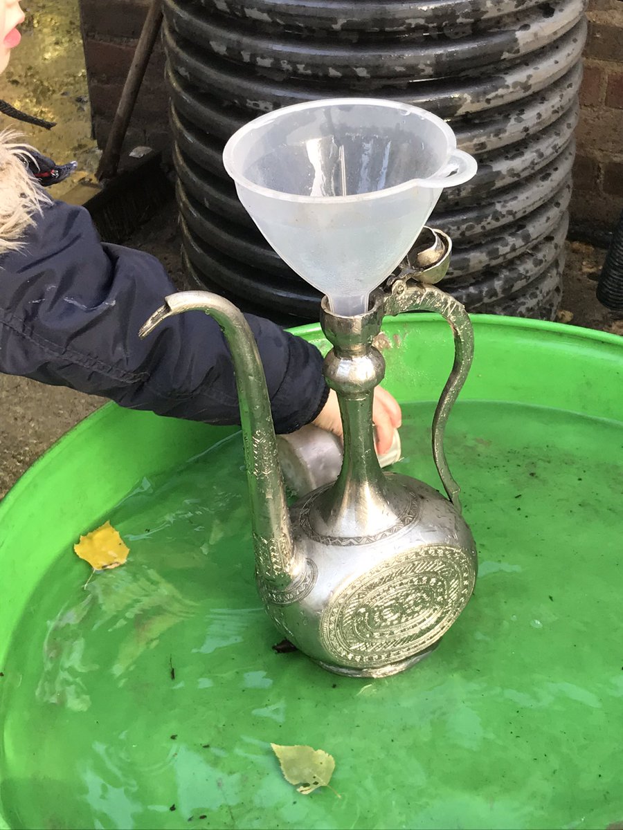 EcoOutside's tweet photo. This mornings provocation provided by surfaces, sun and the stunning silver tea urn (thanks Jan White). Can’t wait to see how the play develops. @QuackersPlay @forestbeing @kathybrodie @SollyKathryn https://t.co/IhOdoECvzs