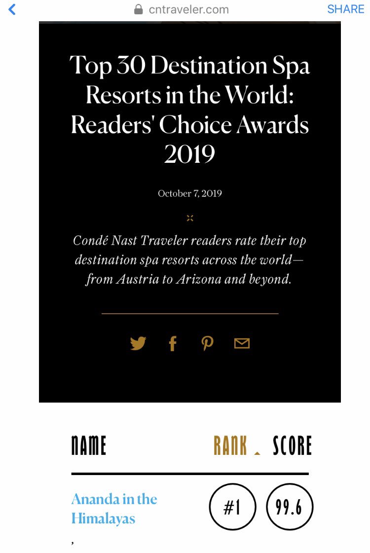Humbled and honoured and super excited to be ranked No. 1 in this coveted list! Shout out to all our patrons and <a href="/CNTraveler/">Condé Nast Traveler</a> <a href="/cntraveller/">Condé Nast Traveller</a> 
See the link here: cntraveler.com/readers-choice… #anandawayoflife #awards #readerschoiceawards2019
